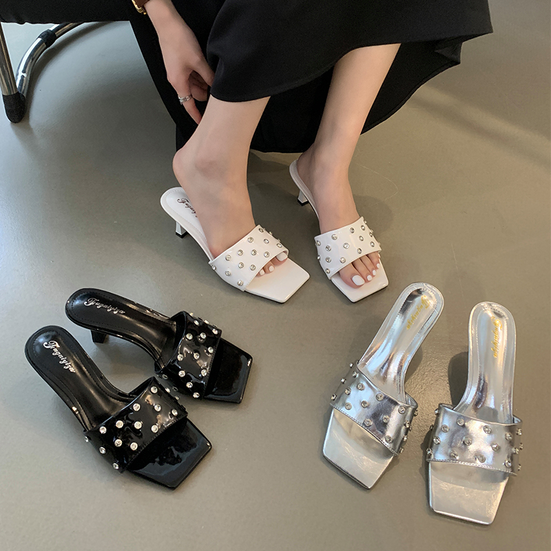 2024 Summer New Rhinestone High Heel Square Toe Slippers for Women - Korean Style Slide Sandals