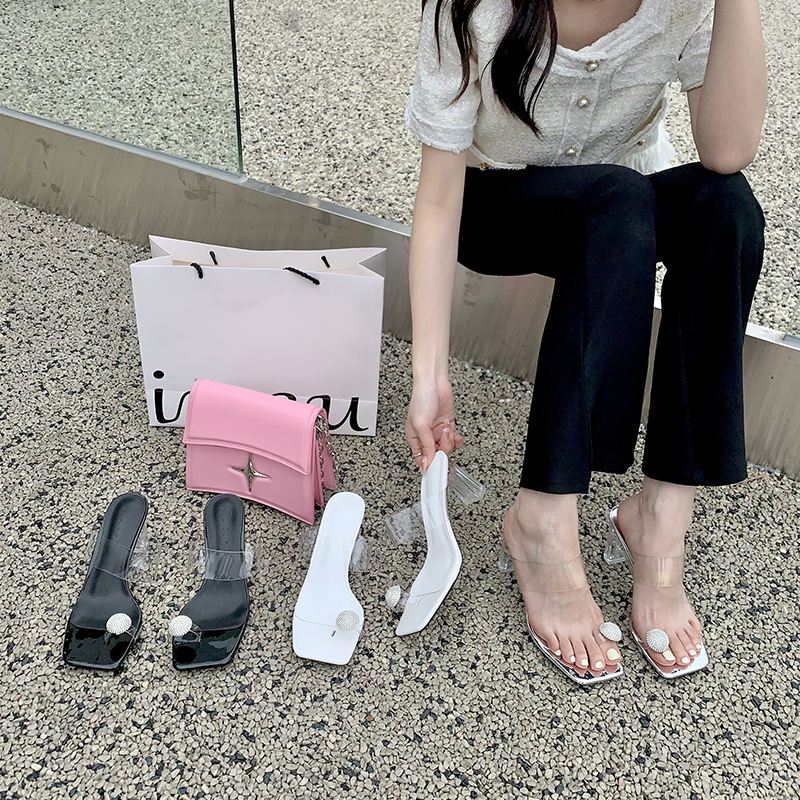 2024 Summer New French Crystal Transparent Strap Rhinestone Slippers for Women High Heel Sandals