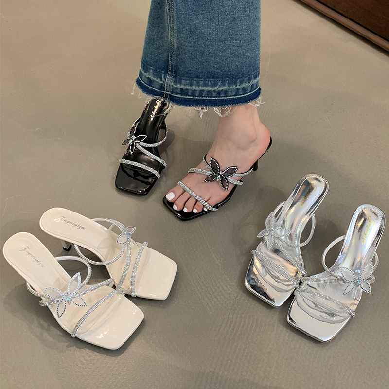 2024 New Rhinestone Butterfly French High Heel Slippers for Women Summer Open Toe Strappy Sandals
