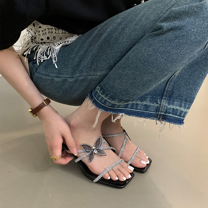 1713517724608_309727.jpg 2024 New Rhinestone Butterfly French High Heel Slippers for Women Summer Open Toe Strappy Sandals