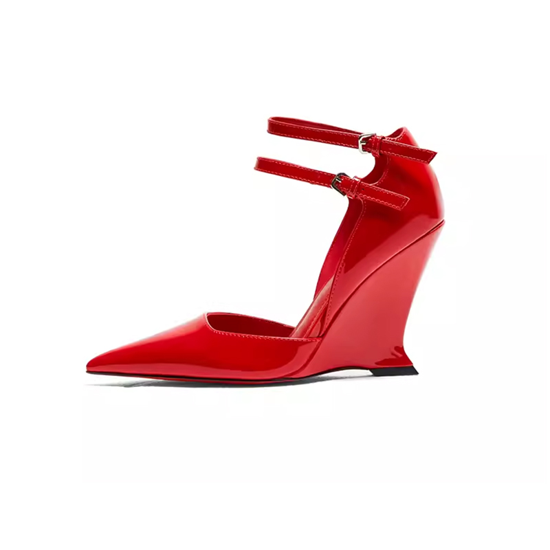 1713766148994_697446.jpg Miting 2024 Summer New Wedge Heel Pointed Toe High Heel Women's Patent Leather Sexy Gray Covered Toe Sandals