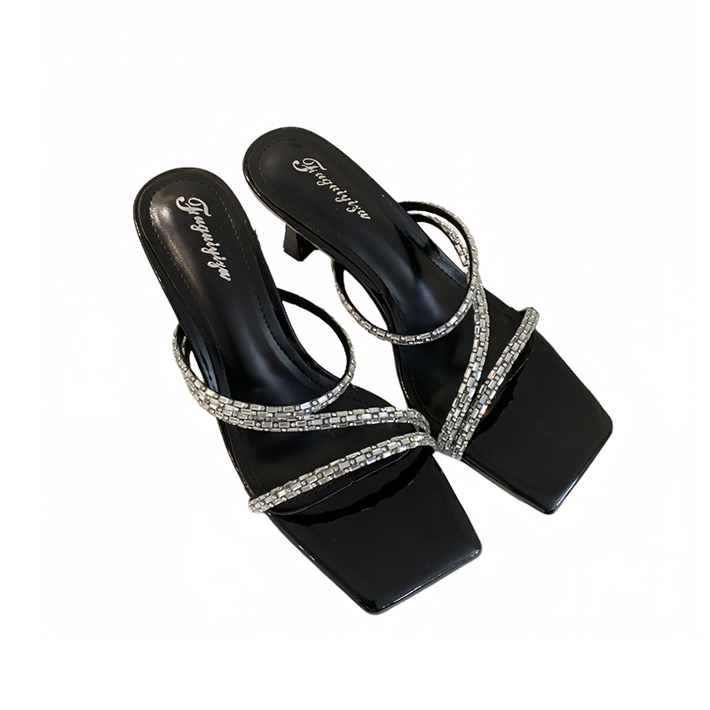 2024 Summer Women's High Heel Slippers with Thin Heel, Strappy Black Sandals, Korean Style