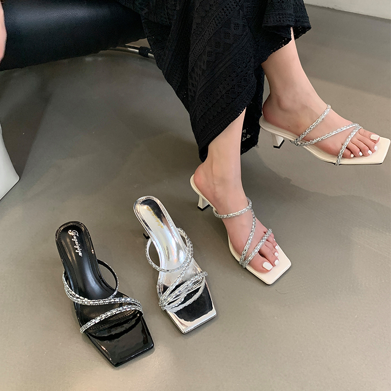 2024 Summer Women's High Heel Slippers with Thin Heel, Strappy Black Sandals, Korean Style