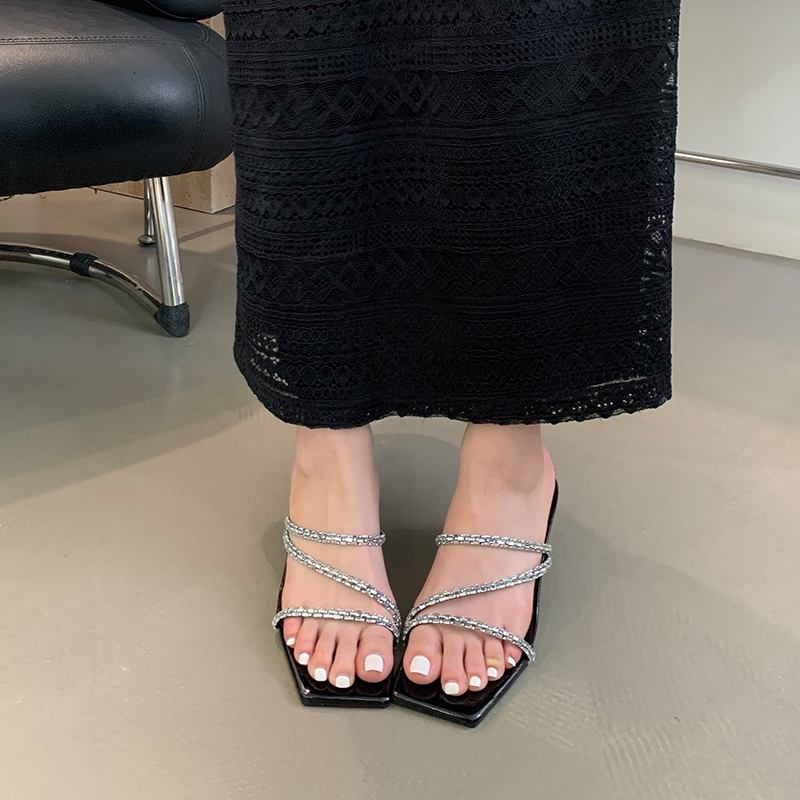 2024 Summer Women's High Heel Slippers with Thin Heel, Strappy Black Sandals, Korean Style