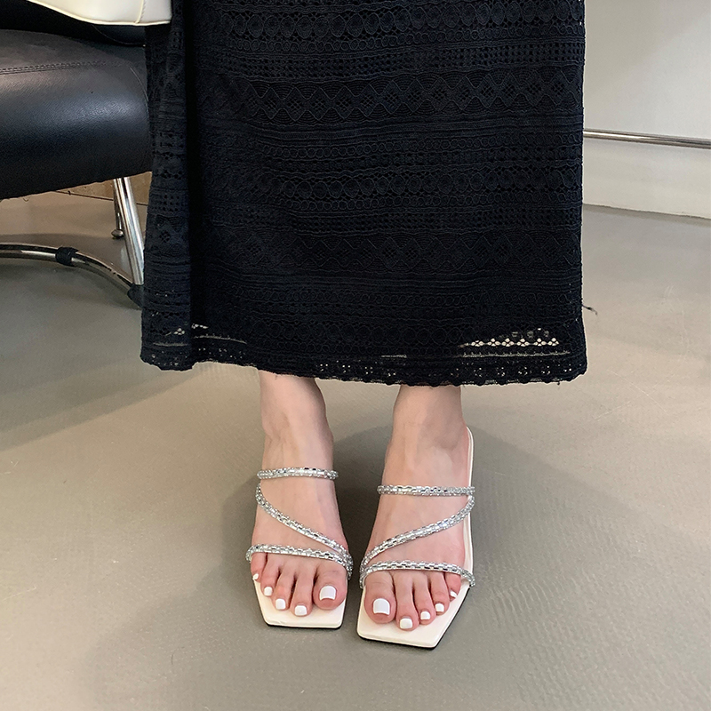 2024 Summer Women's High Heel Slippers with Thin Heel, Strappy Black Sandals, Korean Style