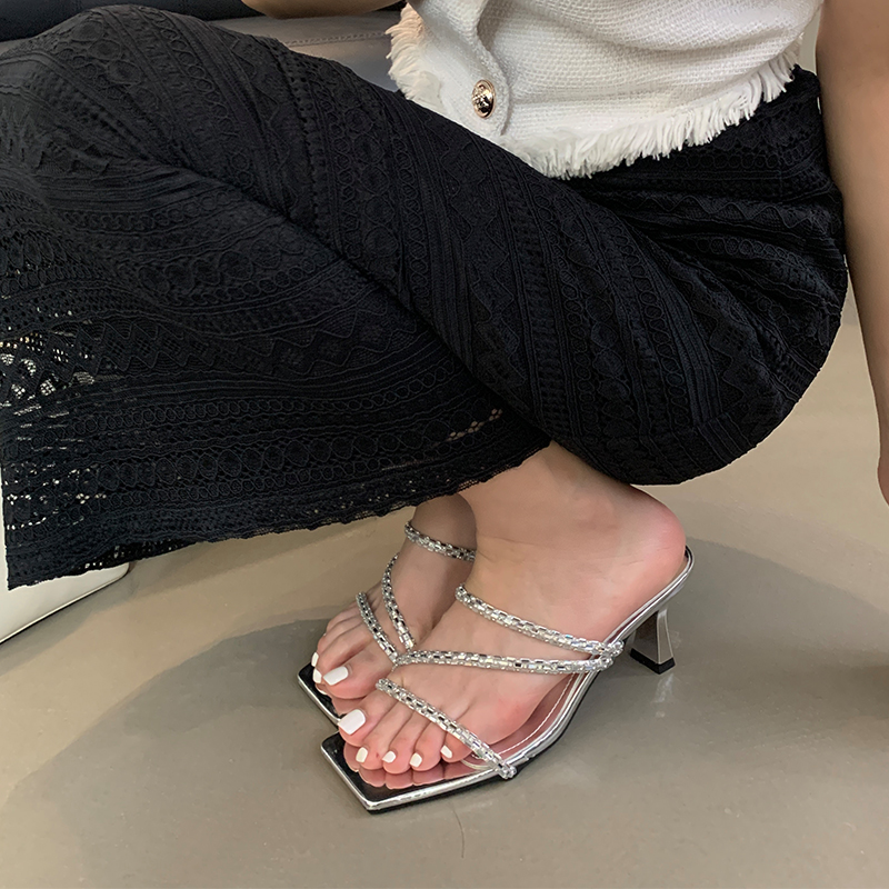 2024 Summer Women's High Heel Slippers with Thin Heel, Strappy Black Sandals, Korean Style