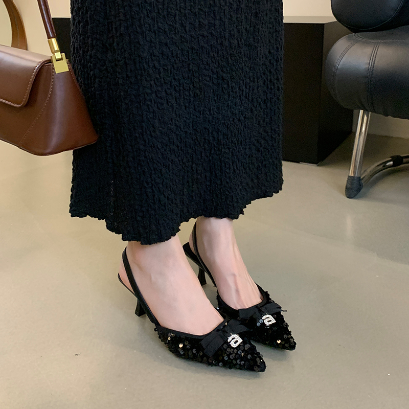 Mitin 2024 Summer New Bow Letter Rhinestone Pointed Thin Heel Sequins Shallow High Heel Women Shoes