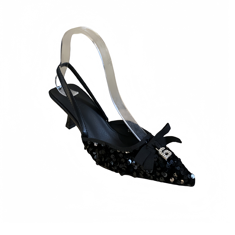 Mitin 2024 Summer New Bow Letter Rhinestone Pointed Thin Heel Sequins Shallow High Heel Women Shoes
