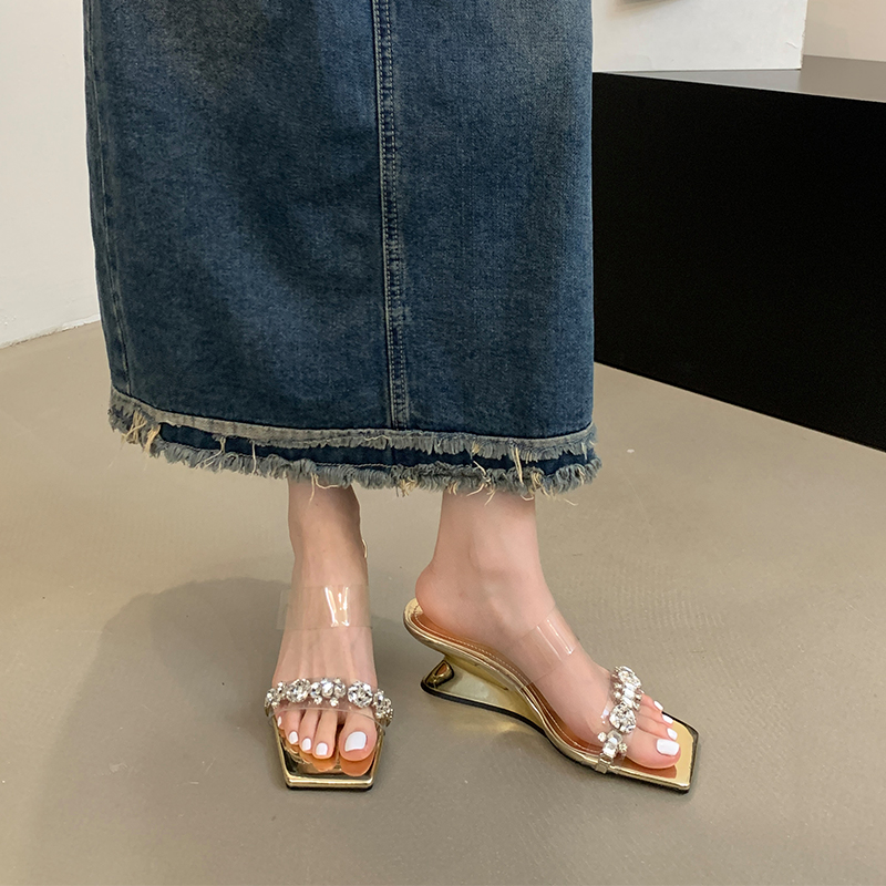 Fortune One Foot Rhinestone Transparent High Heel One-Strap Slippers Chunky Heel Square Toe Women's Summer 2024 New Style