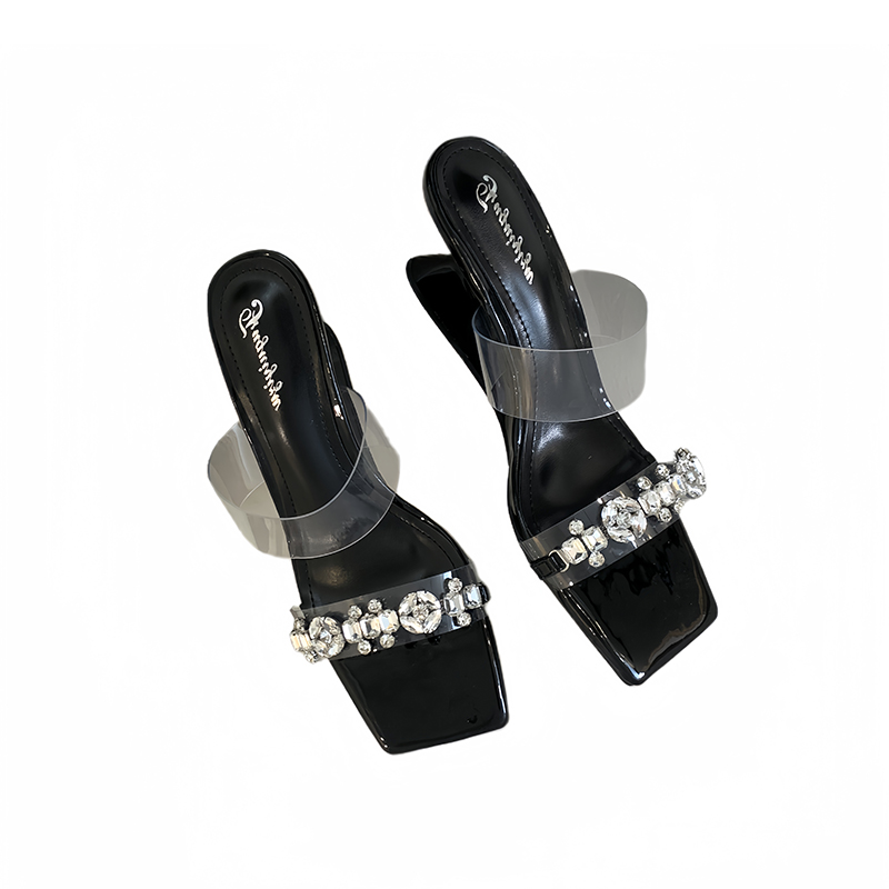 Fortune One Foot Rhinestone Transparent High Heel One-Strap Slippers Chunky Heel Square Toe Women's Summer 2024 New Style