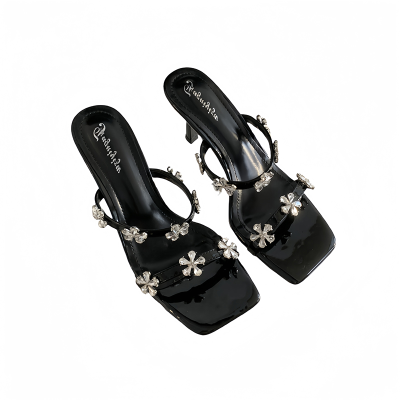 1716966052378_718860.jpg 2024 New Summer Rhinestone Square Toe Cross Strap Wedge Mid Heel Slippers Women's High Heel Sandals