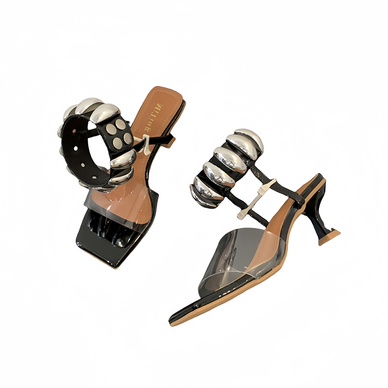 2024 Summer New Women's Transparent Strap Mid Heel Sandals with Metal Roman Style