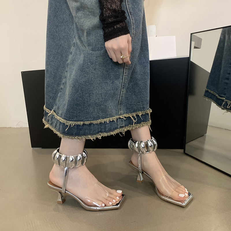 2024 Summer New Women's Transparent Strap Mid Heel Sandals with Metal Roman Style