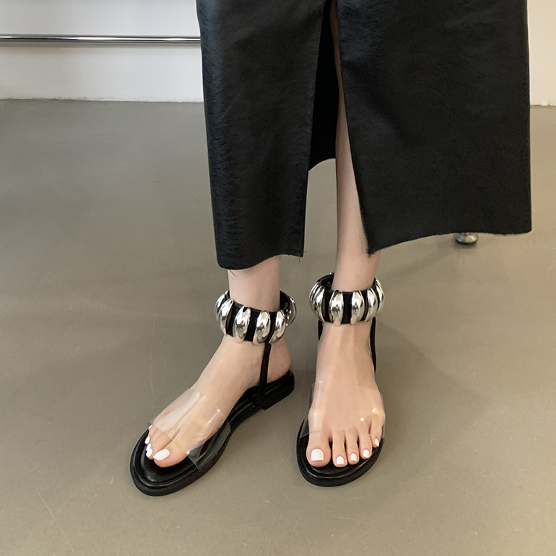 1717829773387_702465.jpg 2024 Summer New Roman Style Flat Sandals for Women - Metallic Strap Open Toe Slip On Dress Shoes