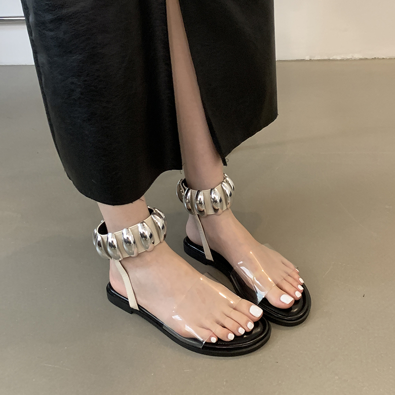 1717829773420_312295.jpg 2024 Summer New Roman Style Flat Sandals for Women - Metallic Strap Open Toe Slip On Dress Shoes