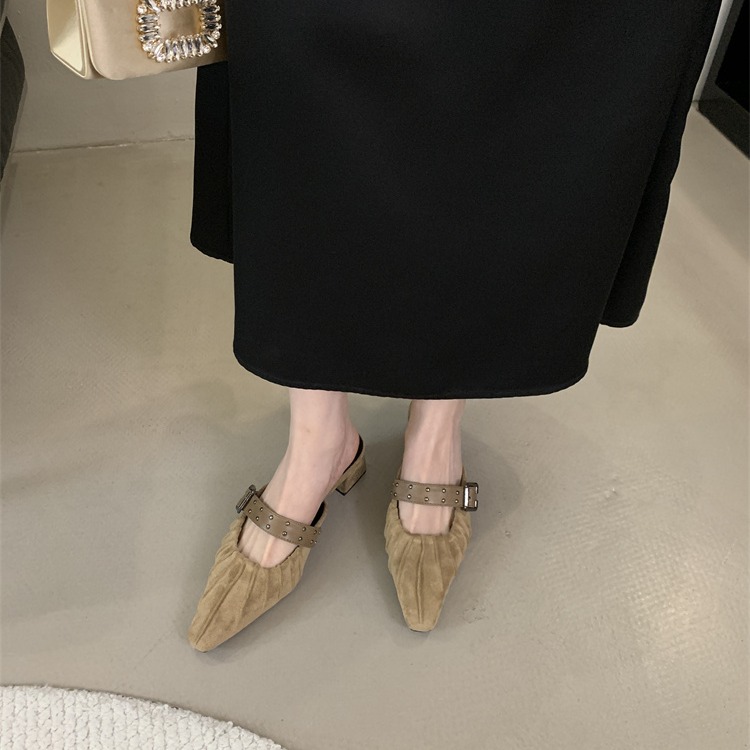 Fortune One Foot Niche Design Closed Toe Half Slippers Women's Shoes 2025 New Spring Chunky Heel Sandals