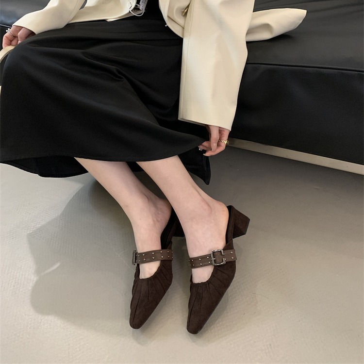 Fortune One Foot Niche Design Closed Toe Half Slippers Women's Shoes 2025 New Spring Chunky Heel Sandals