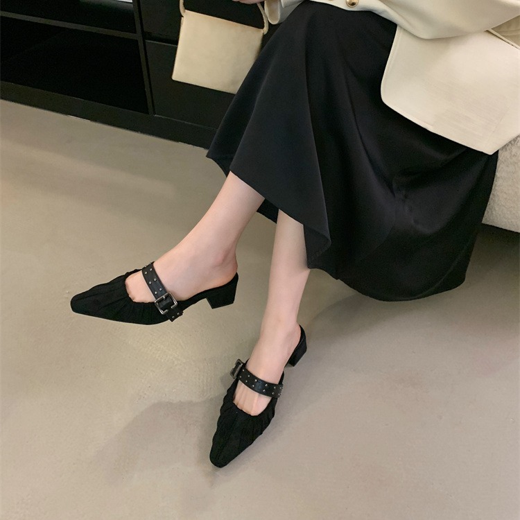Fortune One Foot Niche Design Closed Toe Half Slippers Women's Shoes 2025 New Spring Chunky Heel Sandals