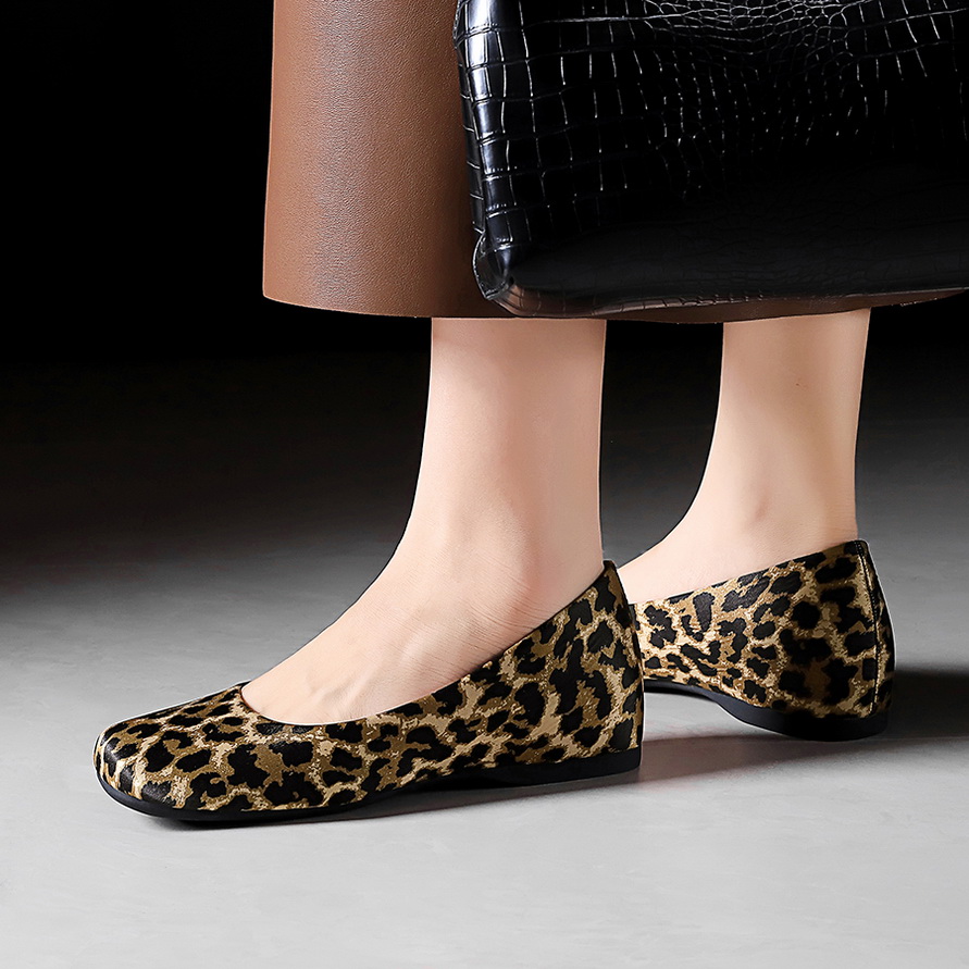 BIGWOOD Women's Leopard Print Satin Square Toe Slip-On Low Heel Shoes with Hidden Wedge