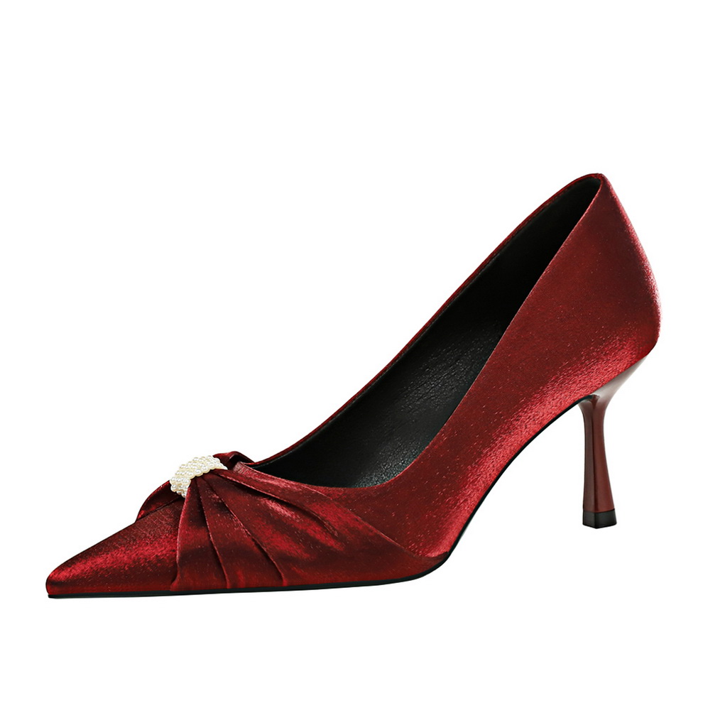 European American Style Pearl Bow Twisted Fashion High Heel Women's Pointed Toe Gold Silk Satin Thin Heel Shoes