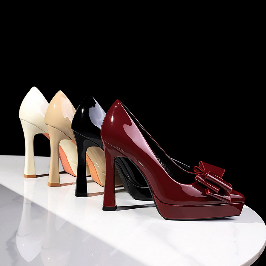 1764743968558_2lyd8u.jpg Women's European American Style Bow Patent Leather Pointed Toe High Heel Shoes with Platform Chunky Heel