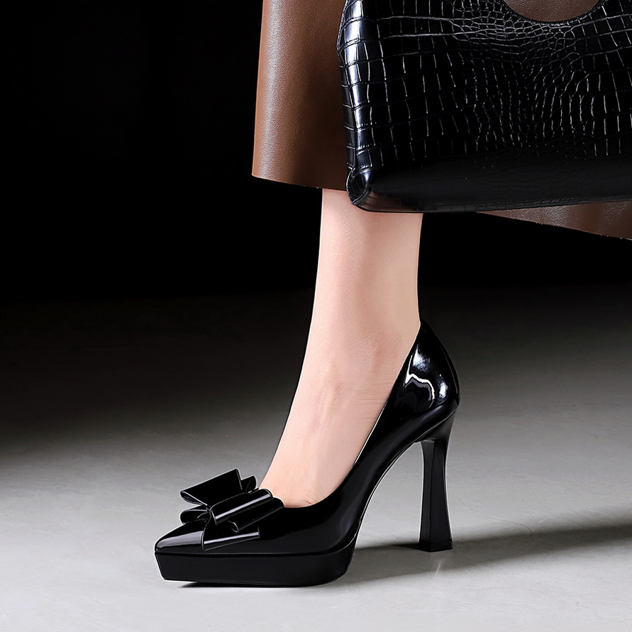1764743968637_Hctlpy.jpg Women's European American Style Bow Patent Leather Pointed Toe High Heel Shoes with Platform Chunky Heel