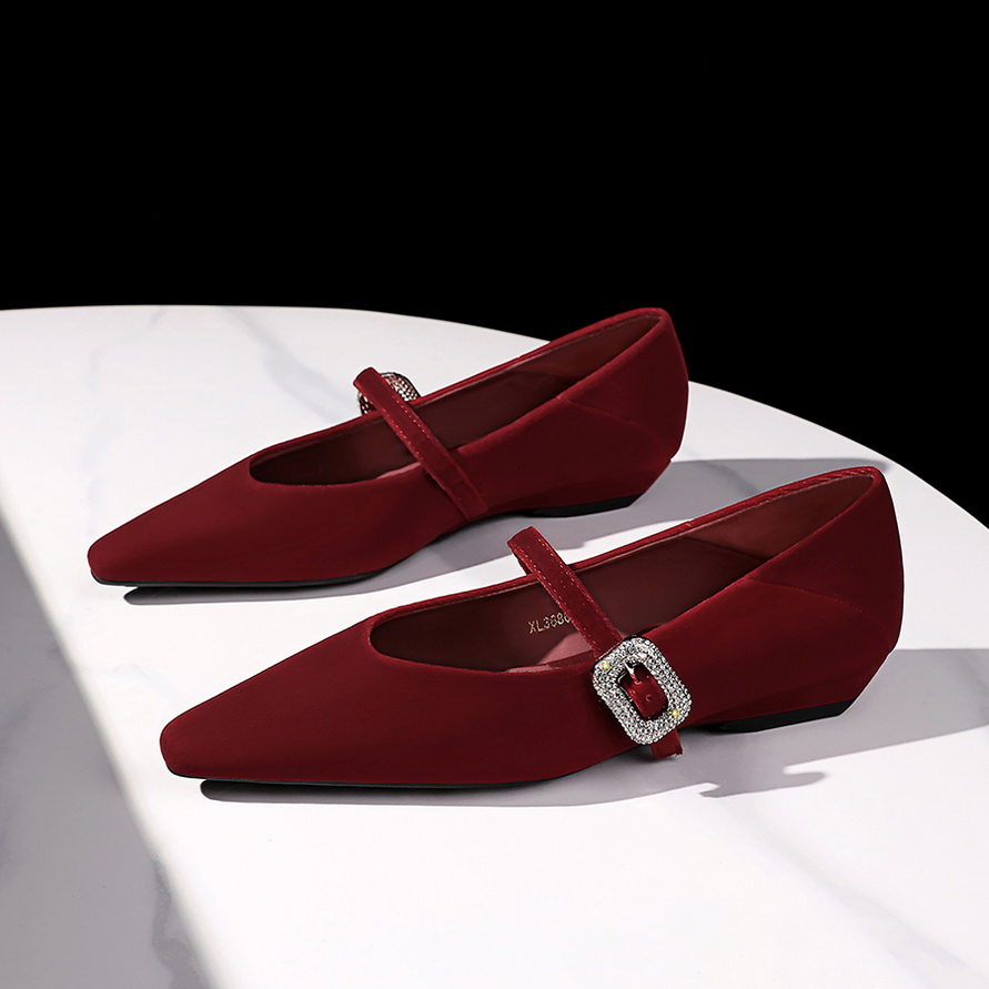 1765525748648_7LUpGa.jpg French Style Rhinestone Buckle Strap Pointed Toe Low Heel Wedge Shoes for Women