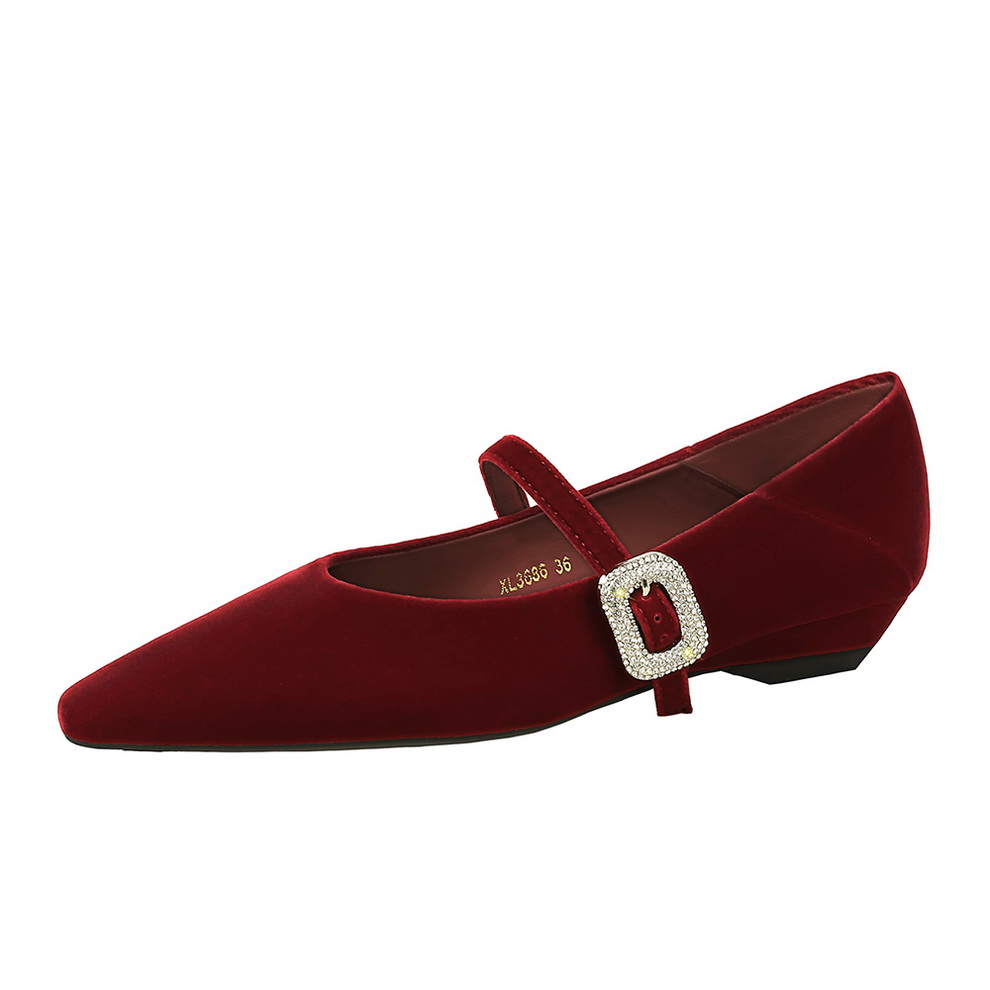 1765525748686_fi1TZJ.jpg French Style Rhinestone Buckle Strap Pointed Toe Low Heel Wedge Shoes for Women