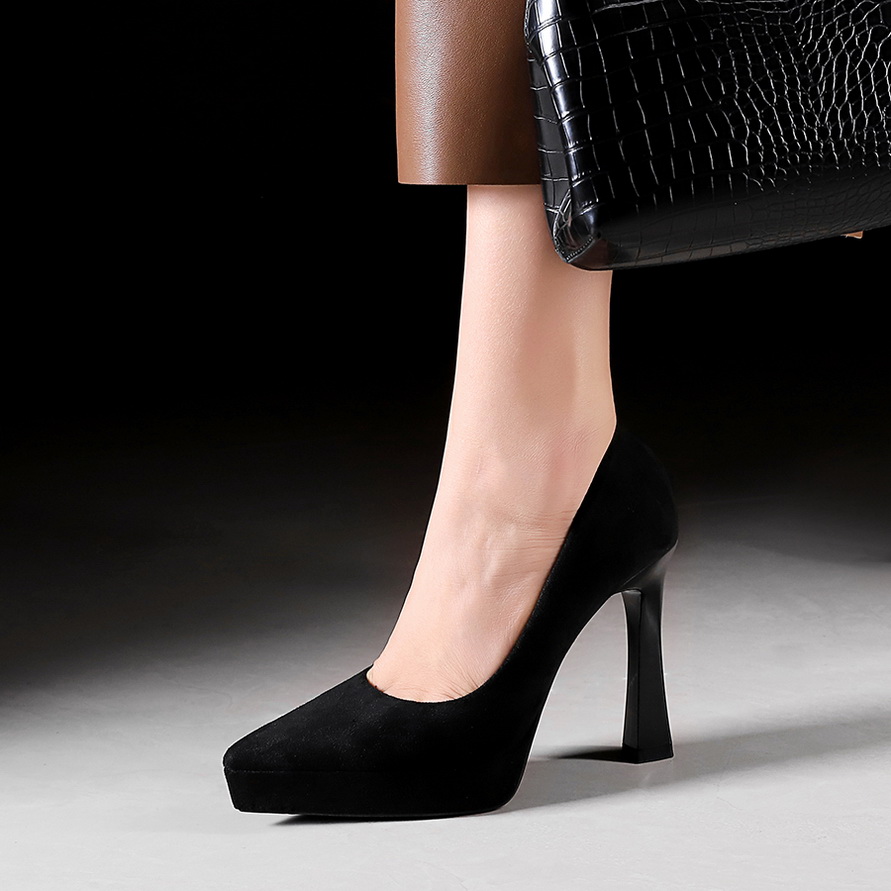BIGWOOD Women's Pointed Toe Suede Chunky Heel Pumps - European American Style Party Shoes with Platform, Slip-On, 11.5cm Heel