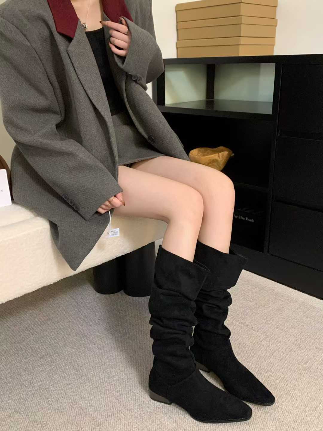 1784356662075_ho81Eg.jpg Stacked Boots Women's Riding Boots Retro Suede Chunky Heel Pointed Toe 2026 Autumn Winter New Style Pleated High Top Women's Long Boots