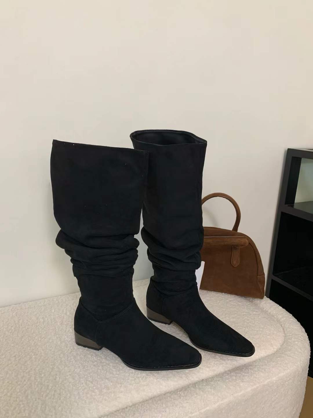 1784356667609_oxL3uG.jpg Stacked Boots Women's Riding Boots Retro Suede Chunky Heel Pointed Toe 2026 Autumn Winter New Style Pleated High Top Women's Long Boots