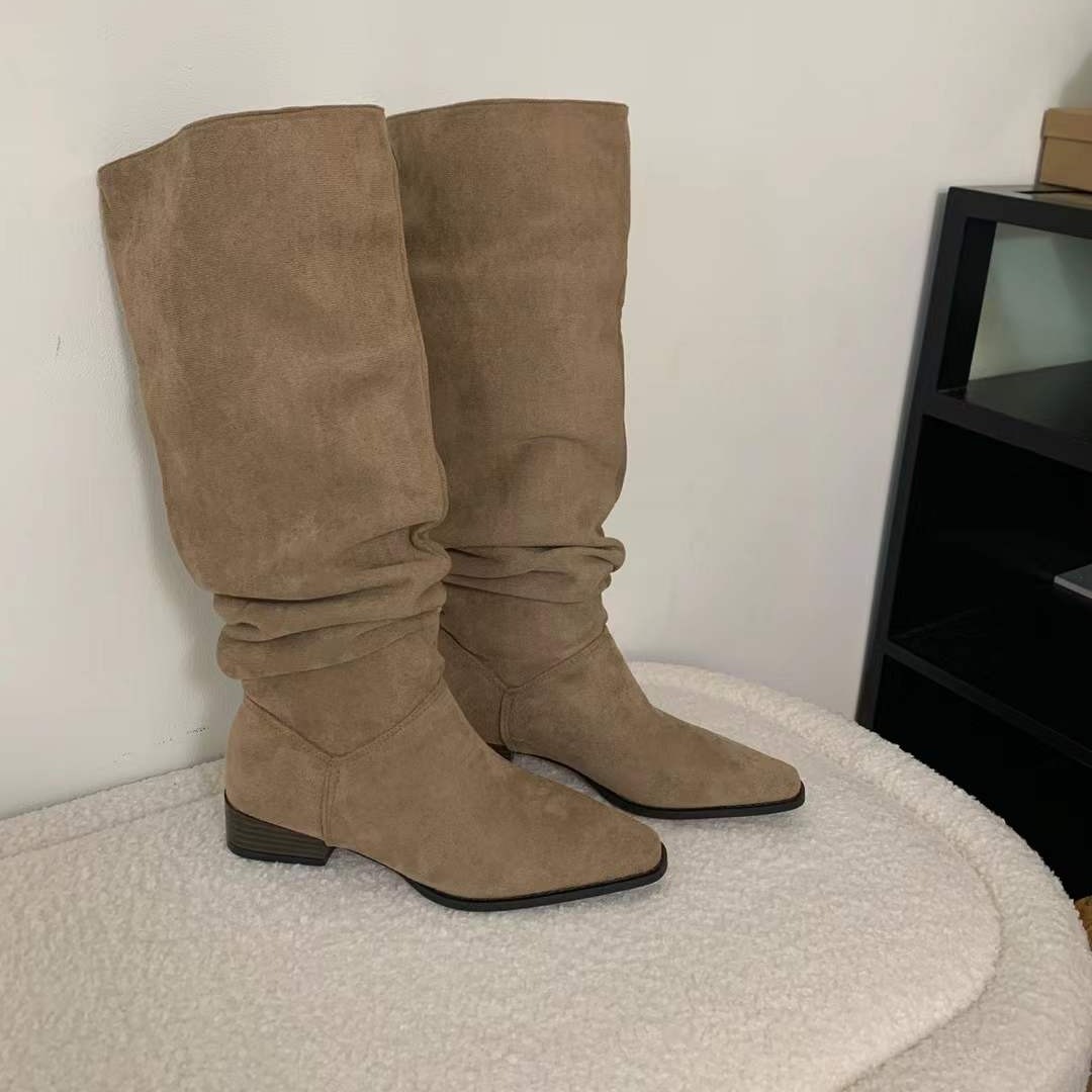 1784356683036_FFMmPj.jpg Stacked Boots Women's Riding Boots Retro Suede Chunky Heel Pointed Toe 2026 Autumn Winter New Style Pleated High Top Women's Long Boots