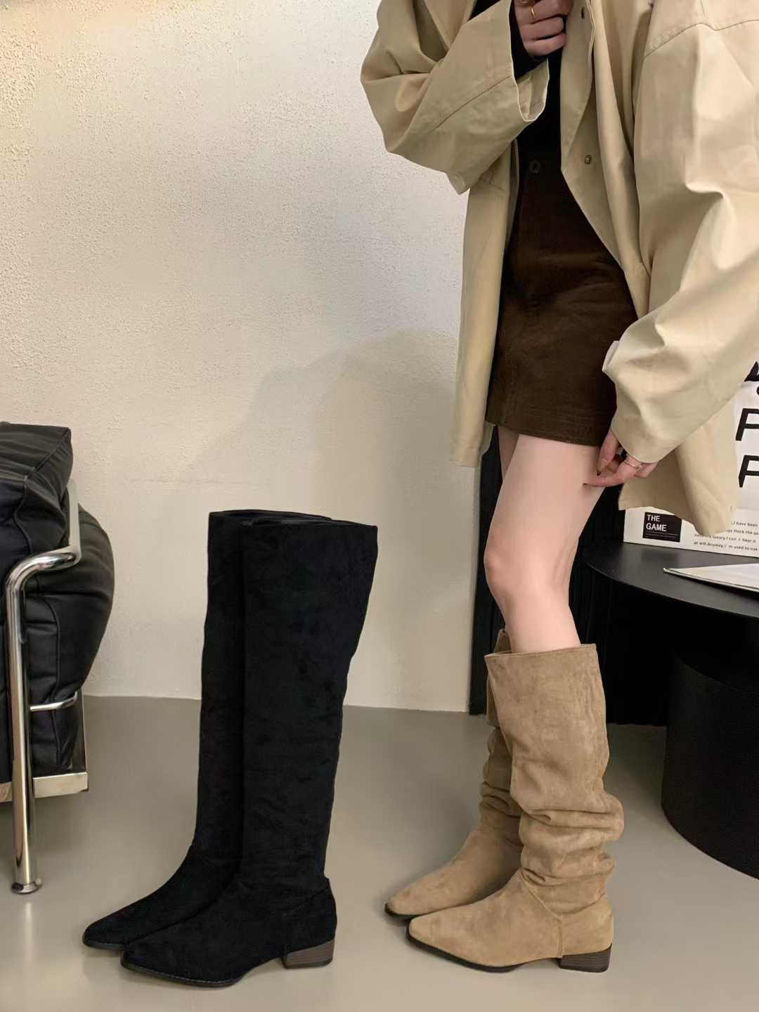 1784358611305_SHCInM.jpg Stacked Boots Women's Riding Boots Retro Suede Chunky Heel Pointed Toe 2026 Autumn Winter New Folding High Boots