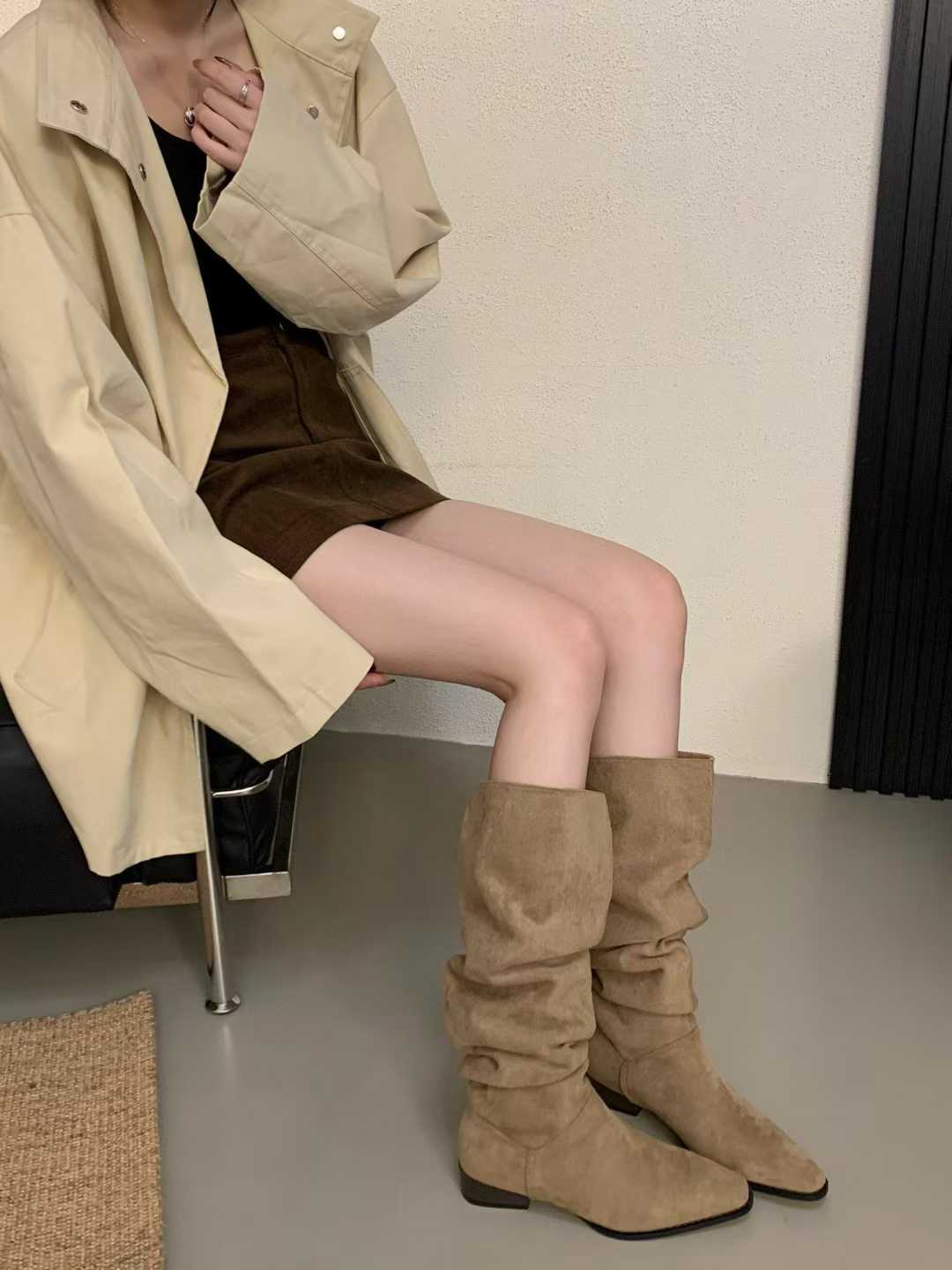 1784358647563_7ebBdx.jpg Stacked Boots Women's Riding Boots Retro Suede Chunky Heel Pointed Toe 2026 Autumn Winter New Folding High Boots