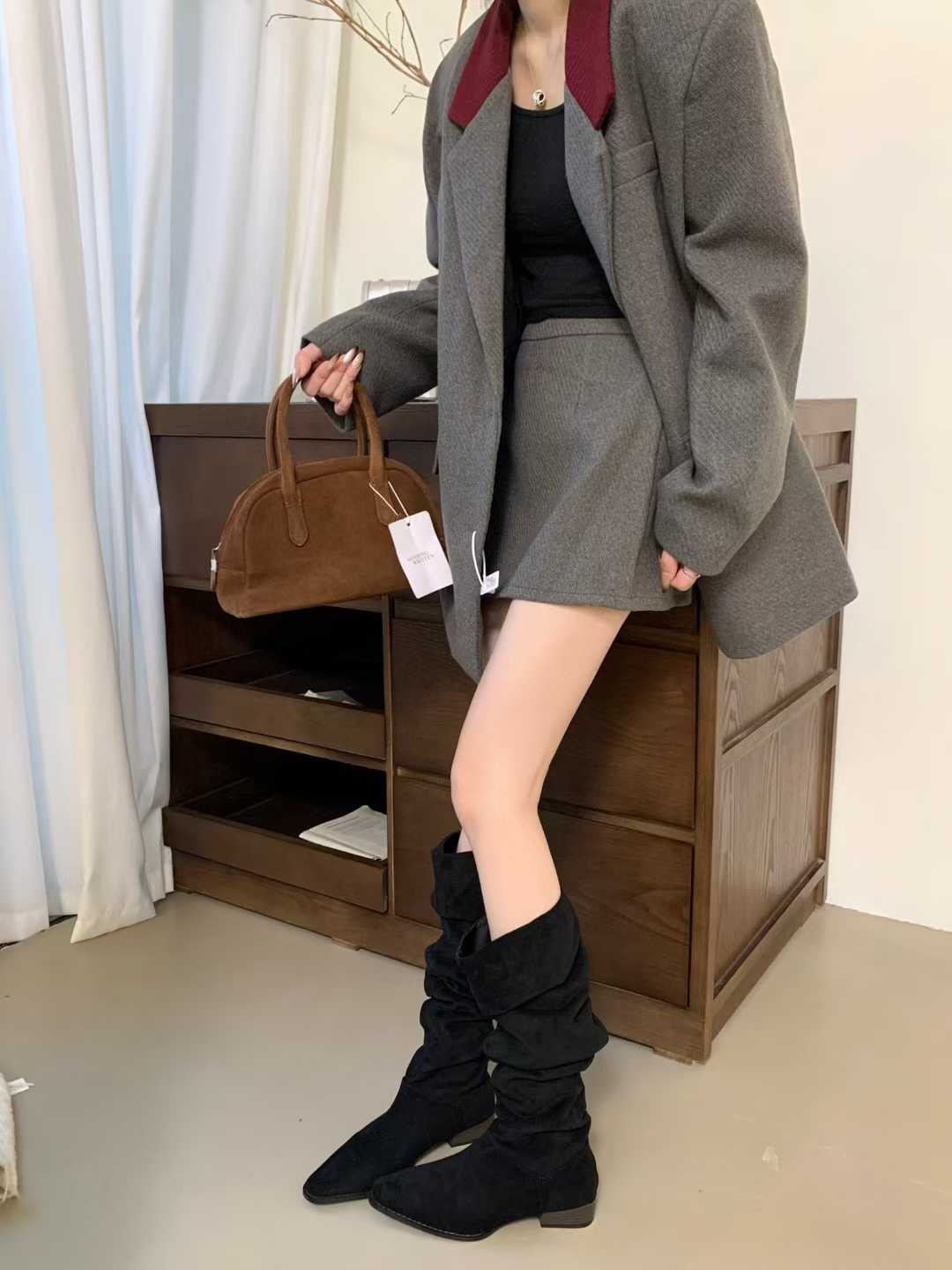 1784358652565_7Pelmi.jpg Stacked Boots Women's Riding Boots Retro Suede Chunky Heel Pointed Toe 2026 Autumn Winter New Folding High Boots