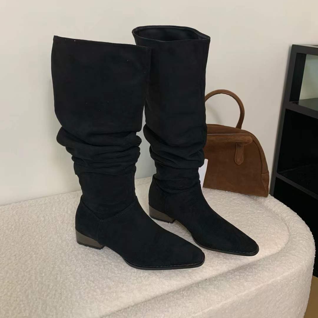 1784358668799_Z1XQAz.jpg Stacked Boots Women's Riding Boots Retro Suede Chunky Heel Pointed Toe 2026 Autumn Winter New Folding High Boots