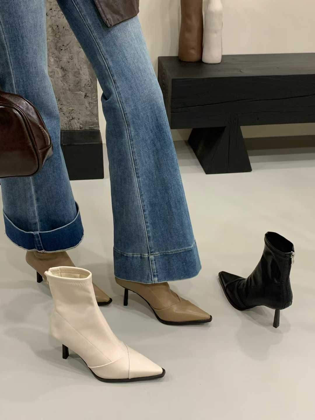 Women's High Heel Short Boots 2026 Autumn Winter New Fashion Street Style Pointed Toe Slim Fit Elastic Ankle Boots