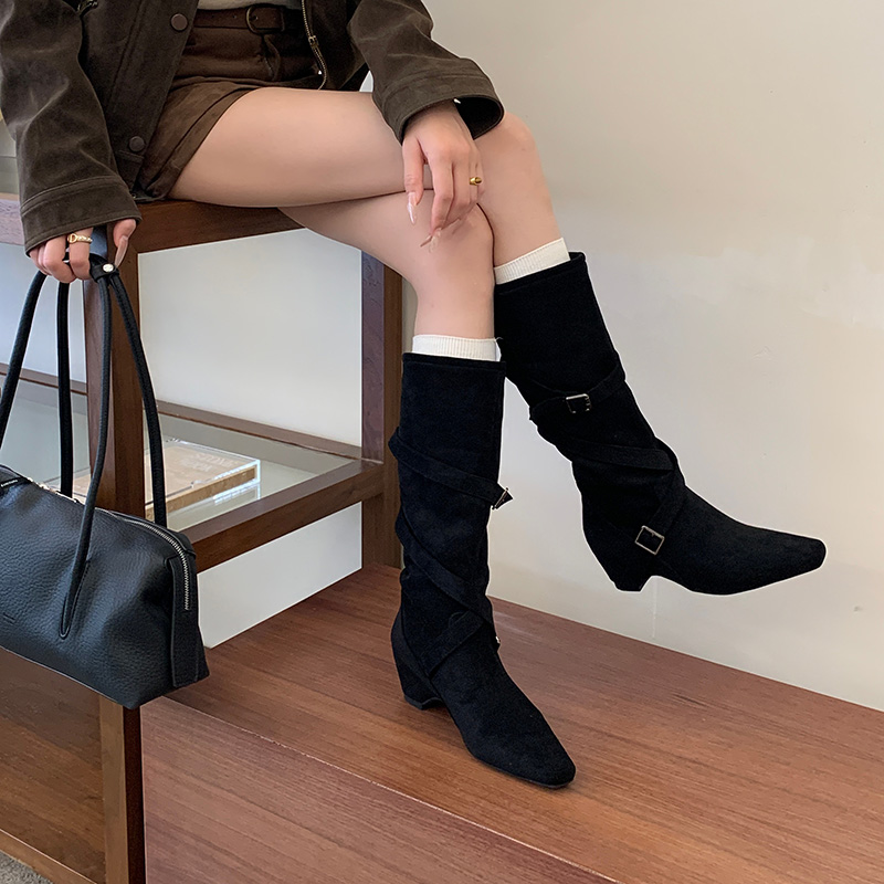 2026 Autumn Winter Suede Mid Calf Boots with Cross Straps and Metal Buckle for Women