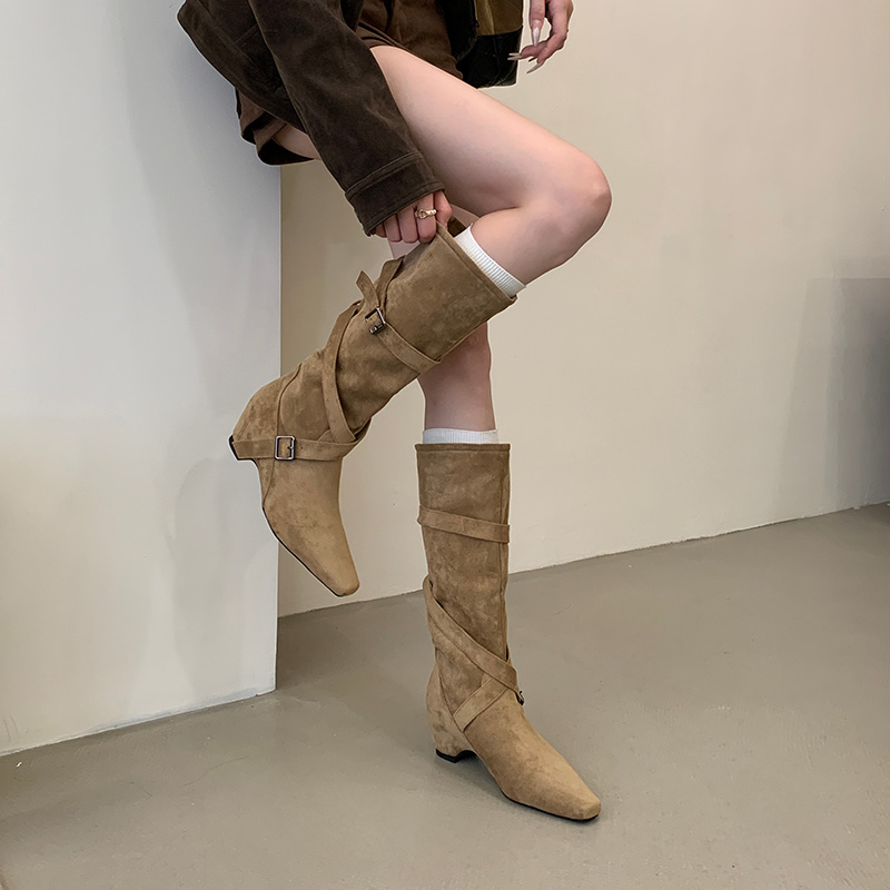 2026 Autumn Winter Suede Mid Calf Boots with Cross Straps and Metal Buckle for Women