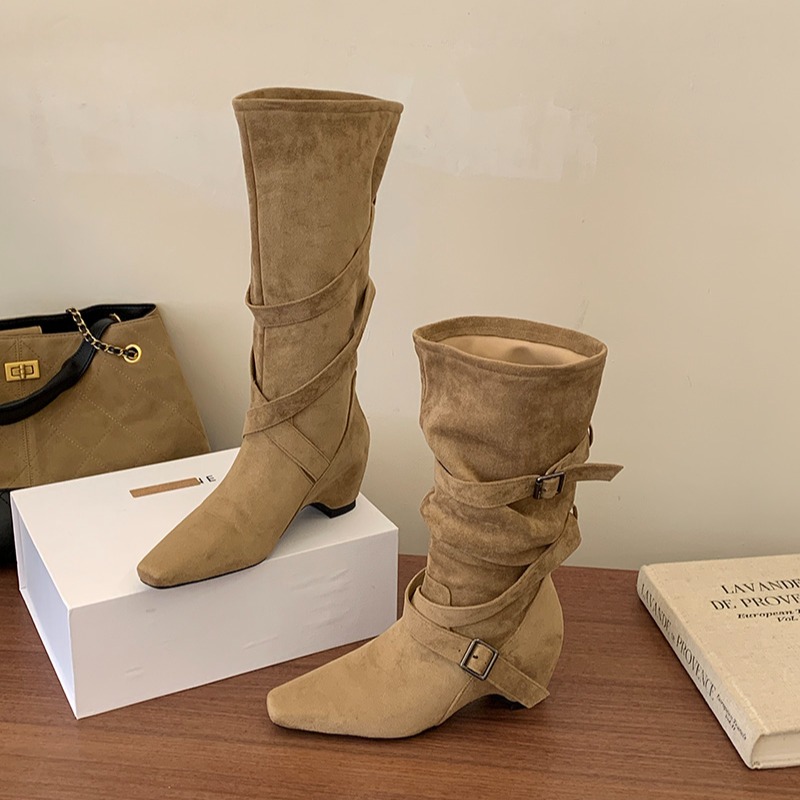 2026 Autumn Winter Suede Mid Calf Boots with Cross Straps and Metal Buckle for Women