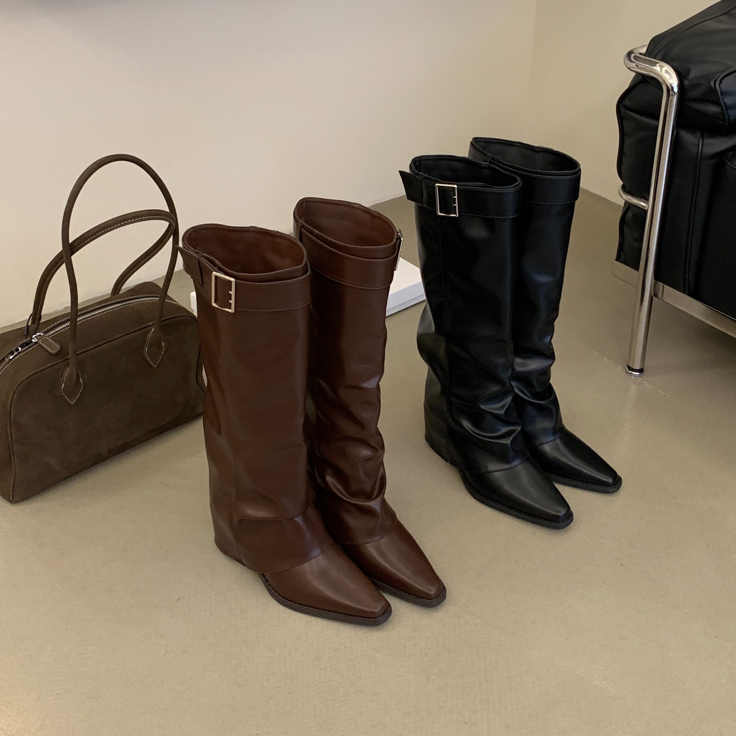 2026 Autumn Winter New Chunky Heel Pointed Toe Buckle Stacked Boots Women Fashion Commuter PU Leather Over Knee Boots