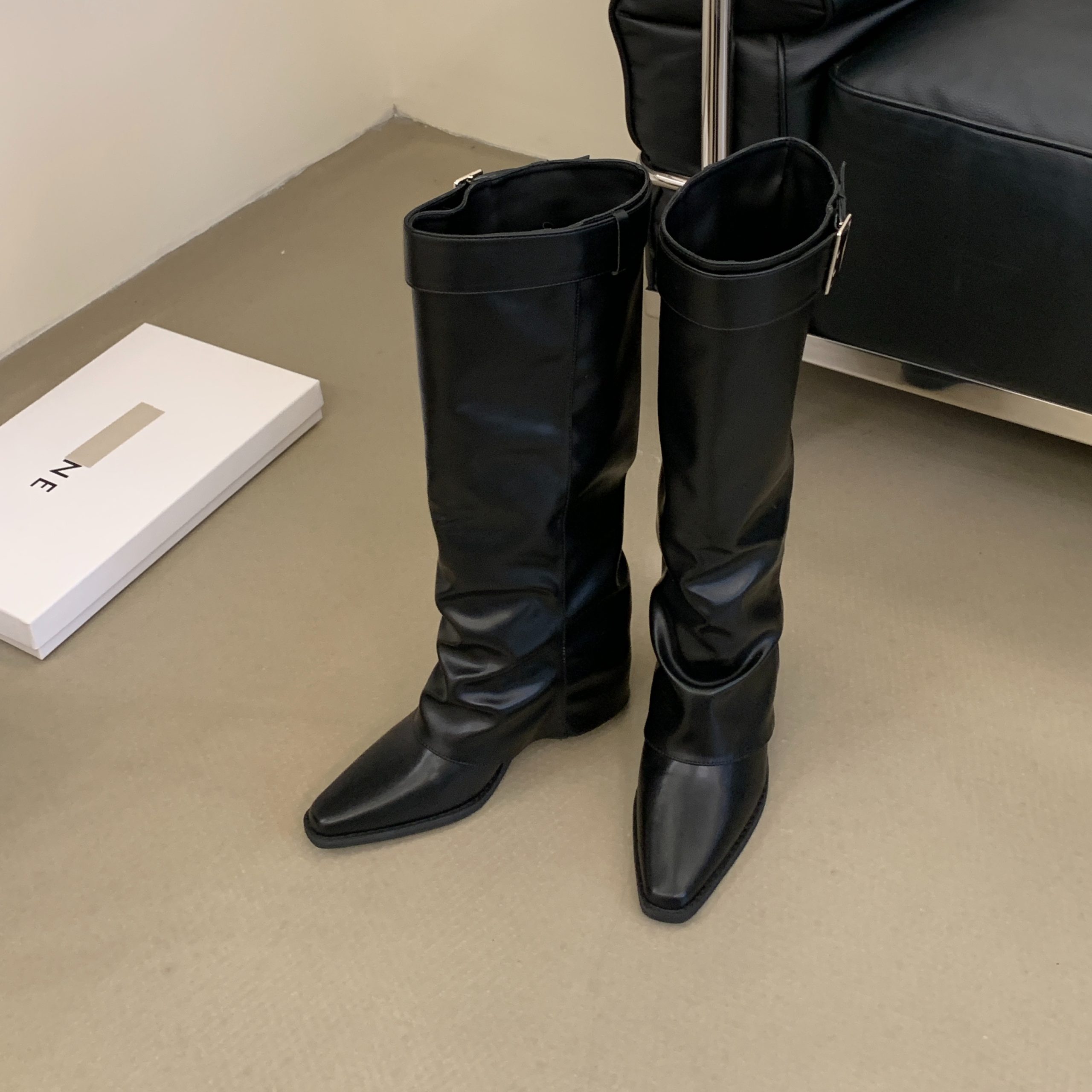 1784542621629_zvwwuS.jpg 2026 Autumn Winter New Chunky Heel Pointed Toe Buckle Stacked Boots Women Fashion Commuter PU Leather Over Knee Boots