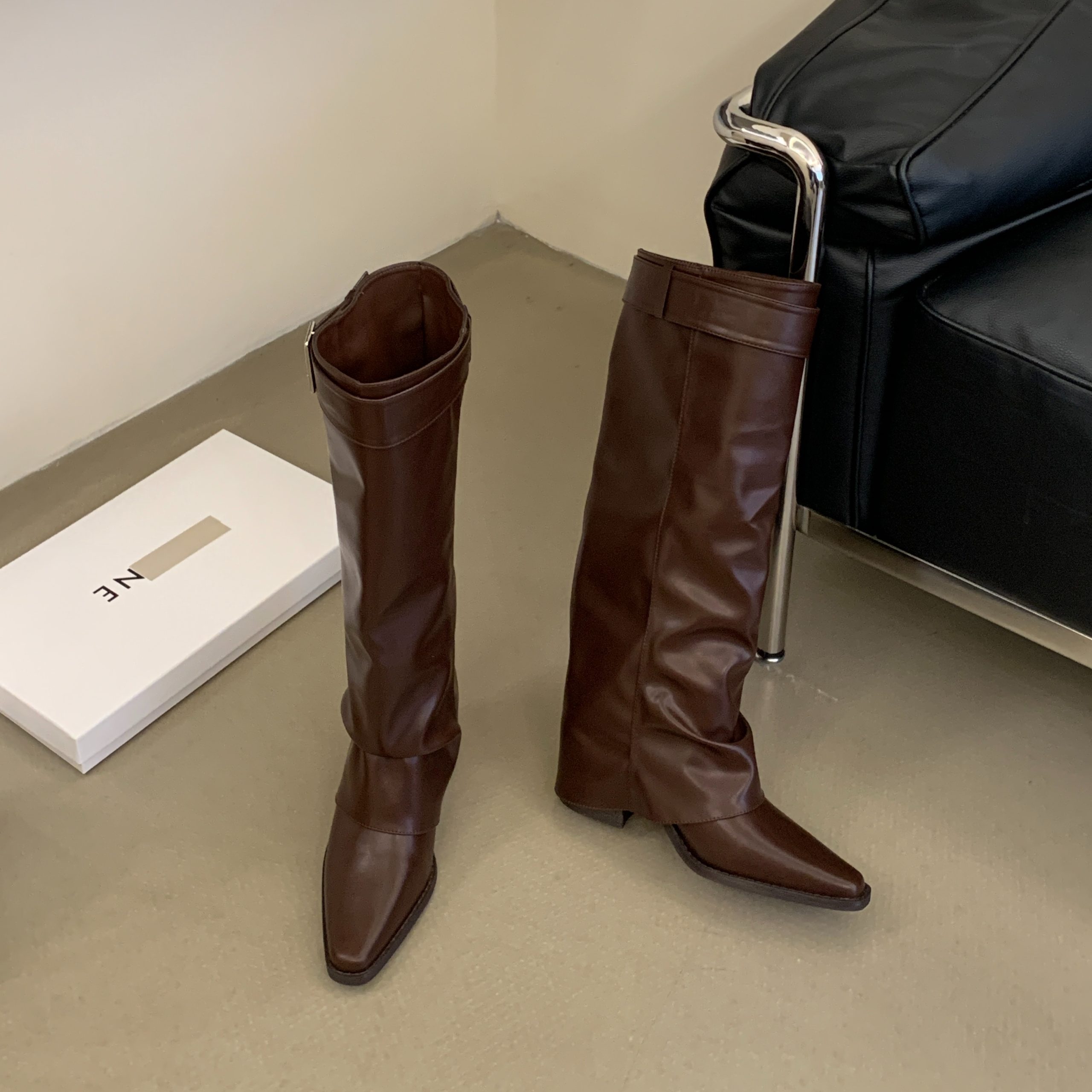 1784542637587_UGmQqZ.jpg 2026 Autumn Winter New Chunky Heel Pointed Toe Buckle Stacked Boots Women Fashion Commuter PU Leather Over Knee Boots