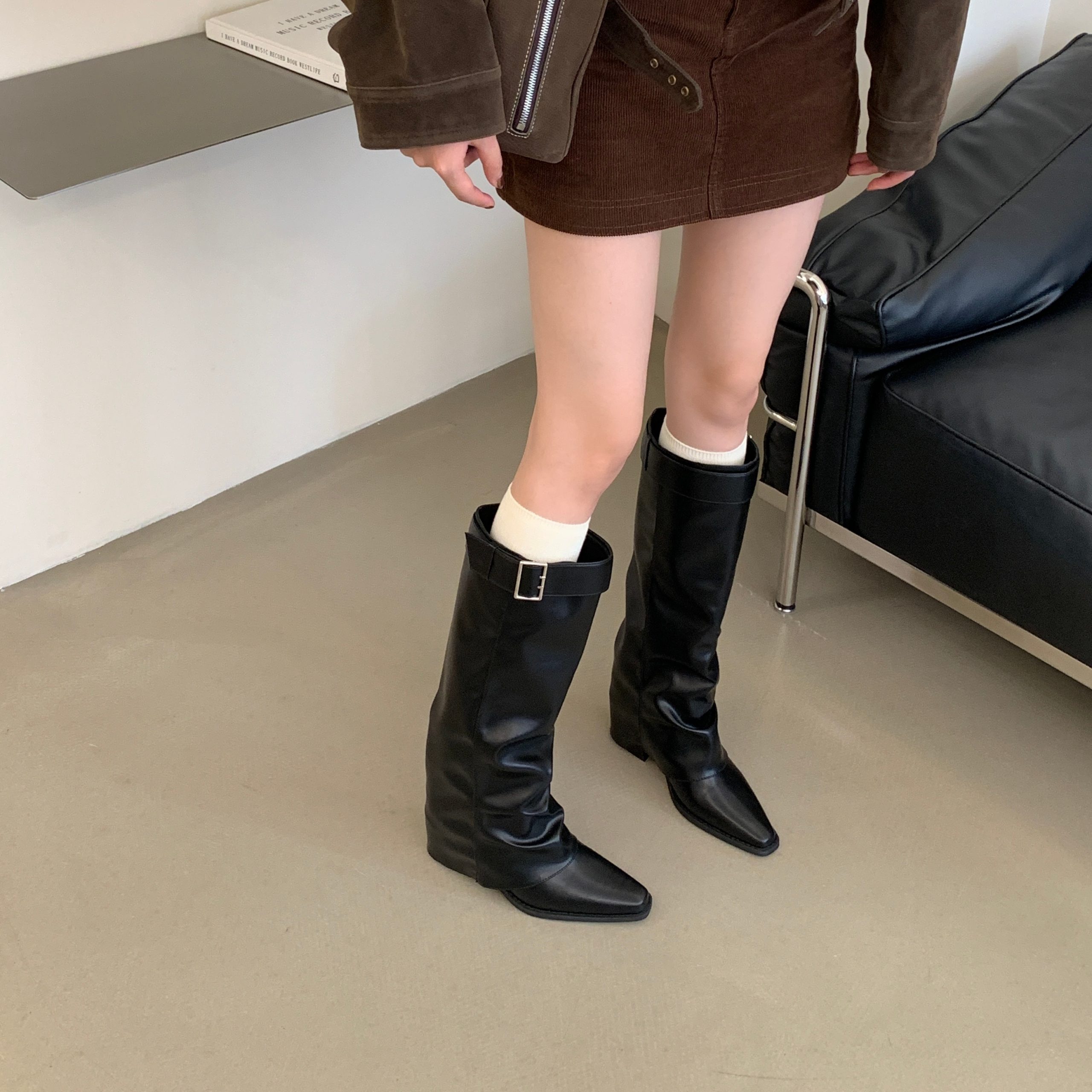 1784542659103_xepMvT.jpg 2026 Autumn Winter New Chunky Heel Pointed Toe Buckle Stacked Boots Women Fashion Commuter PU Leather Over Knee Boots