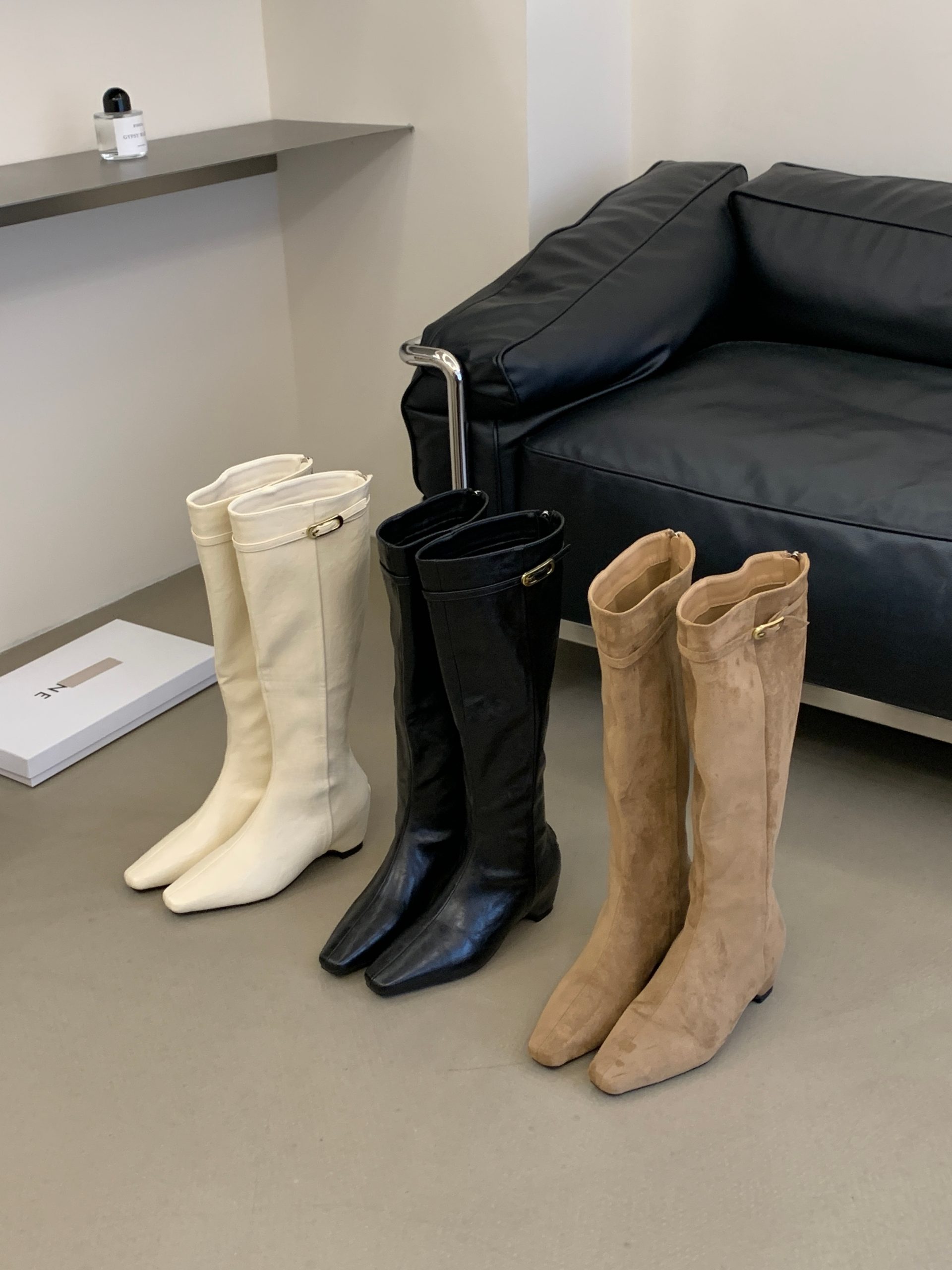 2026 Early Autumn Square Toe Suede Belt Buckle Back Zip Wedge Heel Leather Over-the-Knee Boots Women's Fashion Commuter Style