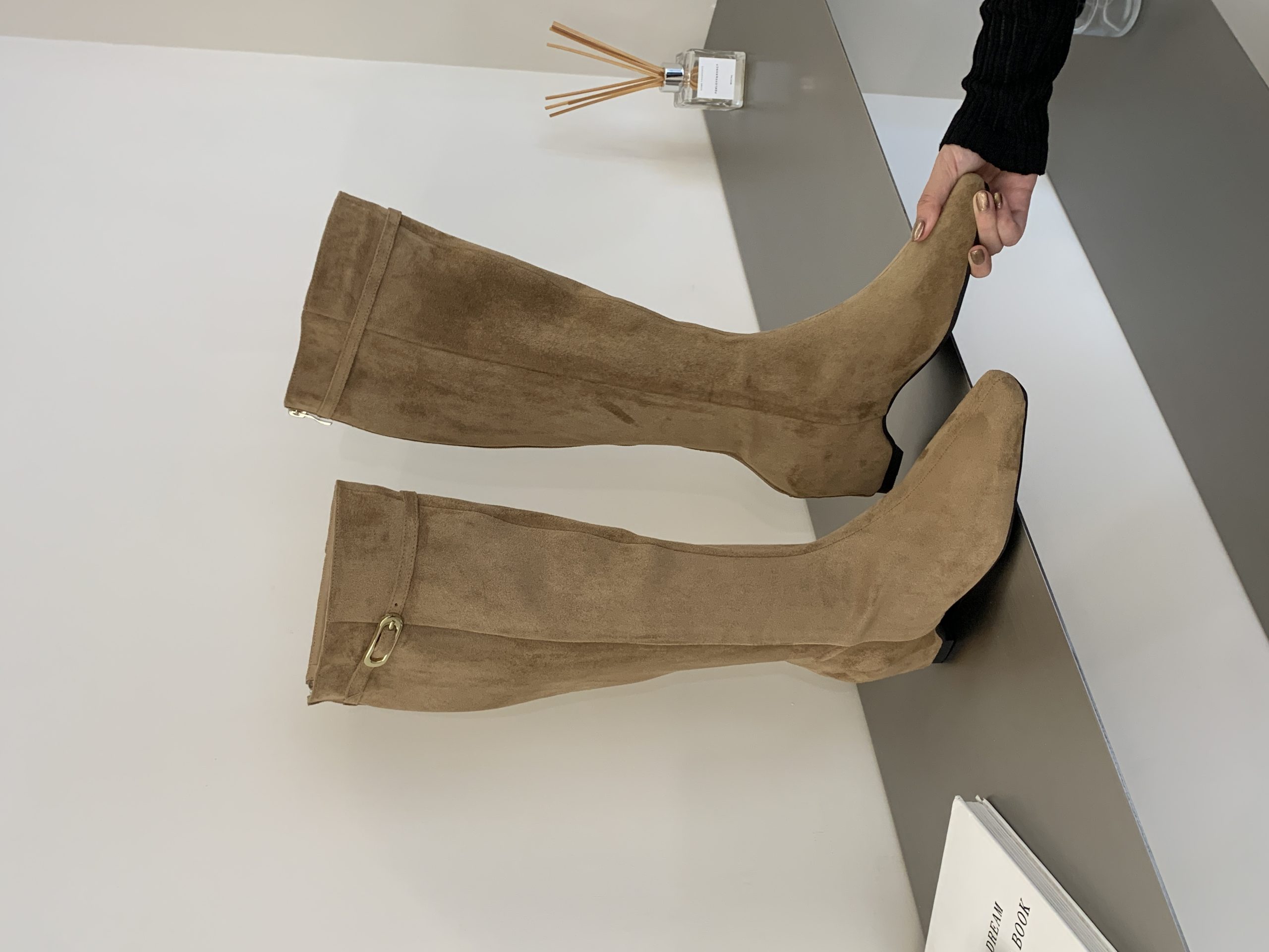 2026 Early Autumn Square Toe Suede Belt Buckle Back Zip Wedge Heel Leather Over-the-Knee Boots Women's Fashion Commuter Style