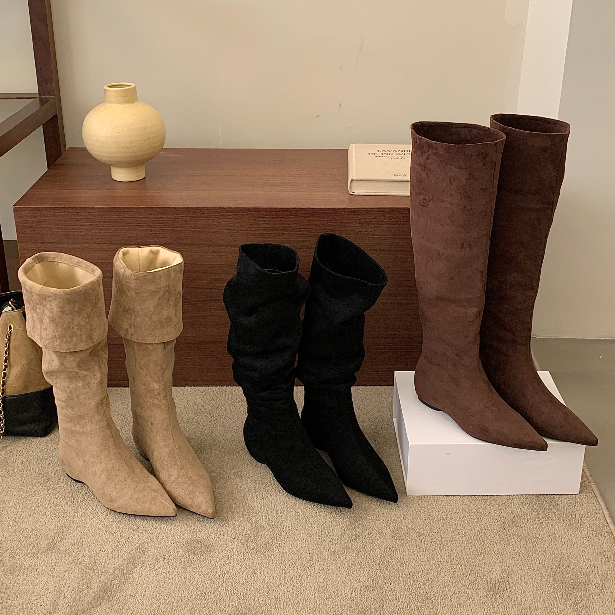 2026 Early Autumn Pointed Toe Suede Over Knee Boots Foldable Sheepskin Two-Way Wear Commuter Boots