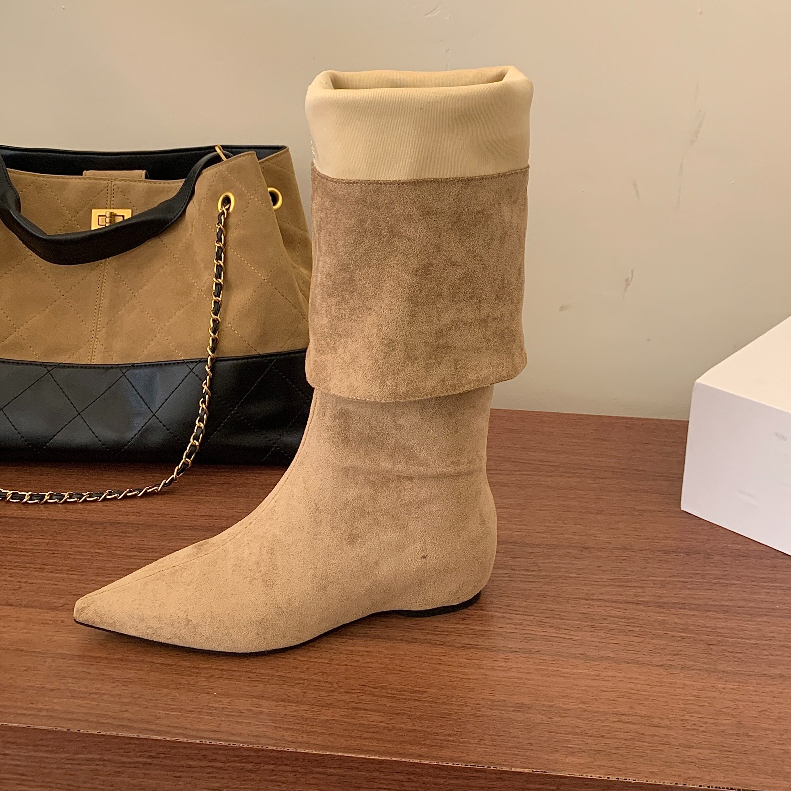 1784609209708_pG72su.jpg 2026 Early Autumn Pointed Toe Suede Over Knee Boots Foldable Sheepskin Two-Way Wear Commuter Boots