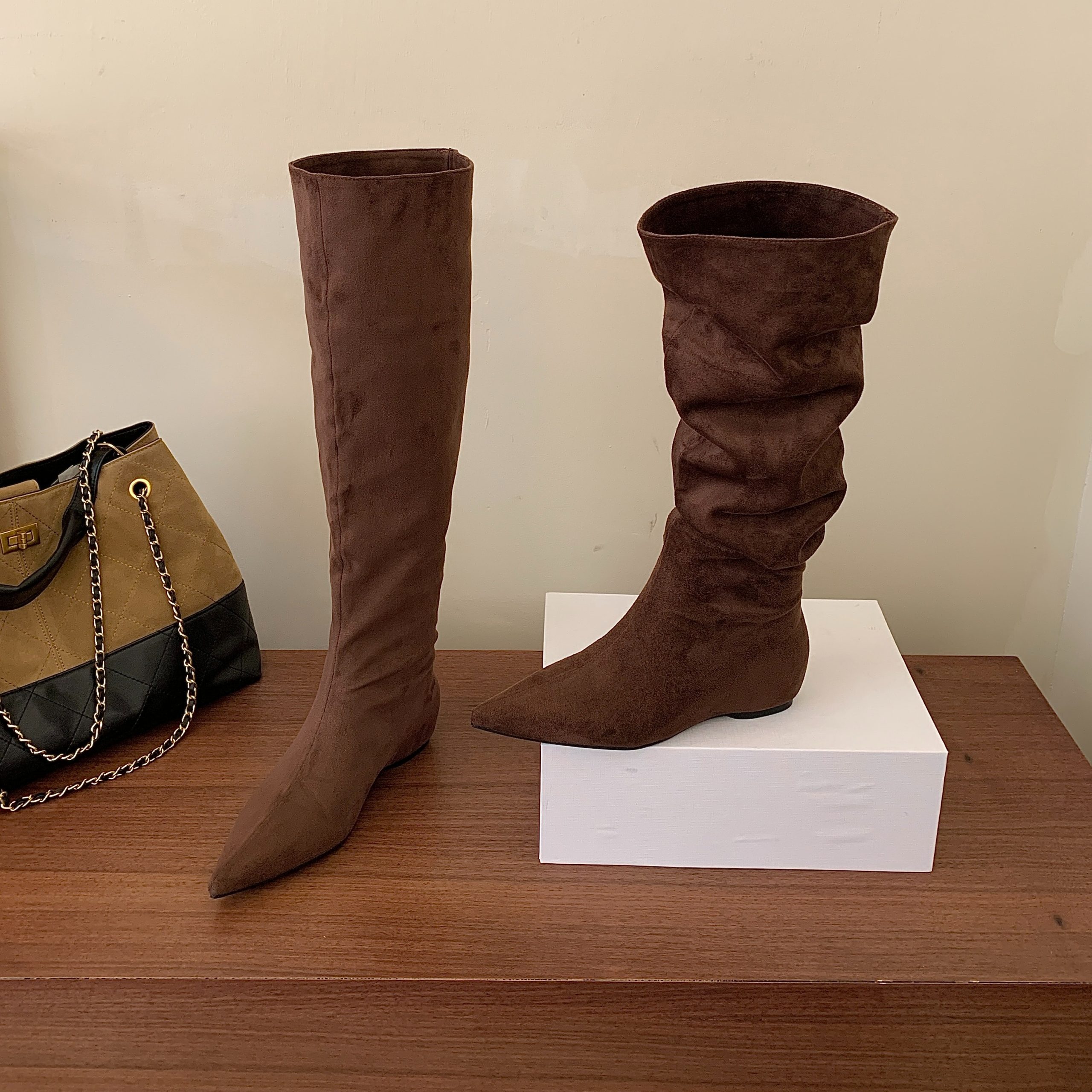 1784609216544_UHOlW4.jpg 2026 Early Autumn Pointed Toe Suede Over Knee Boots Foldable Sheepskin Two-Way Wear Commuter Boots