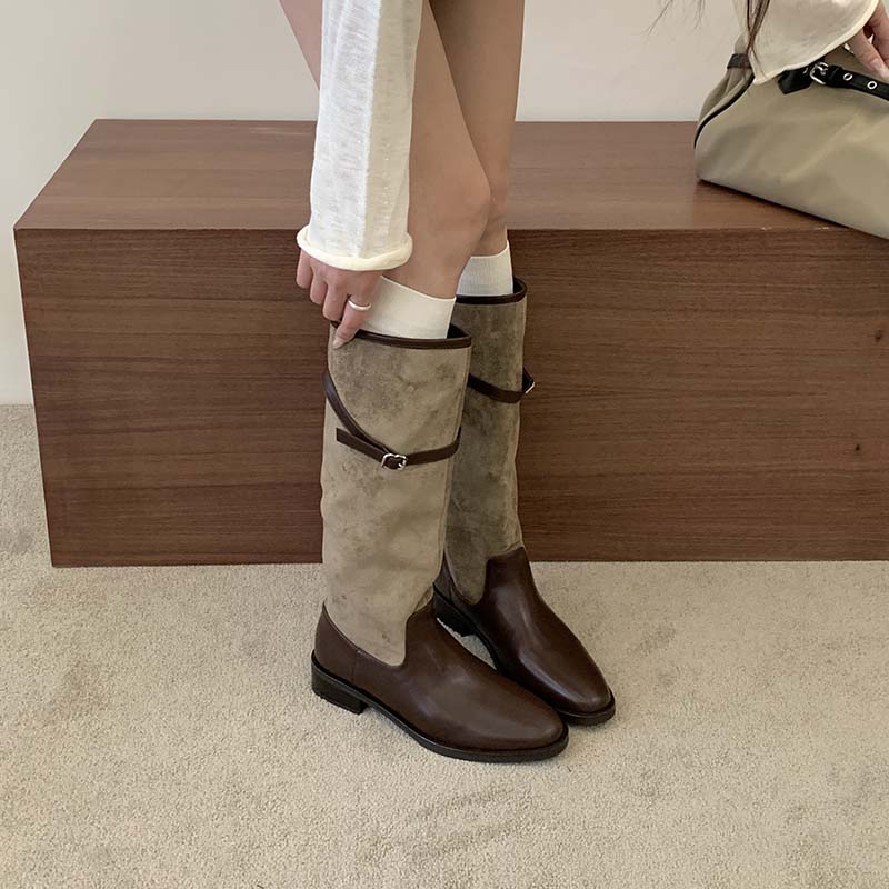 1784968914324_vc7wSc.jpg HMSZ Retro Style Belt Buckle Suede Patchwork Western Riding Boots for Women Low Heel Tall Boots